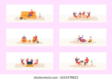 Cartoon character of busy girl at desk with computer side view in online study or remote office setup with slippers smart tech digital equipment and background of home business life

