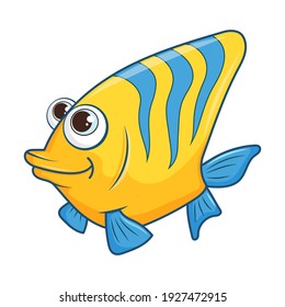 Cartoon character Butterfly Fish isolated on white background. Tropical underwater aquatic creature. Template of cute ocean fish. Education card for kids learning fish. Vector design in cartoon style