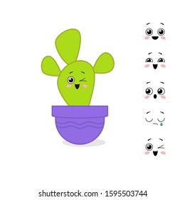 Cartoon character cactus with different variants of emotions. Personage constructor. Vector illustration