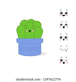 Cartoon character cactus with different variants of emotions. Personage constructor. Vector illustration