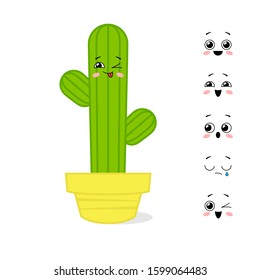 Cartoon character cactus with different variants of emotions. Personage constructor. Vector illustration