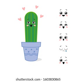 Cartoon character cactus with different variants of emotions. Personage constructor. Vector illustration