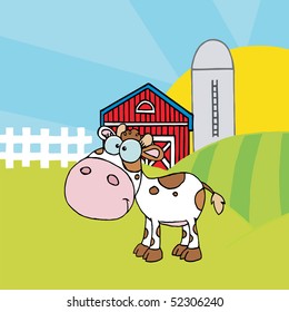 Cartoon Character Calf Different Color White In Front Of Country Farm