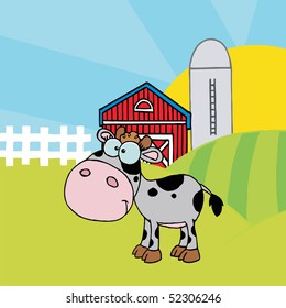 Cartoon Character Calf Different Color Gray  In Front Of Country Farm