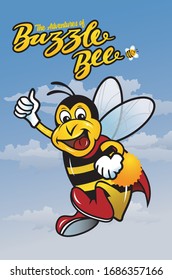Caricatura de un personaje llamado Buzzle Bee volando alto en el cielo en su búsqueda de polen