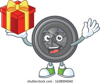 cartoon character of camera lens with a box of gift