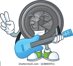 A cartoon character of camera lens playing a guitar