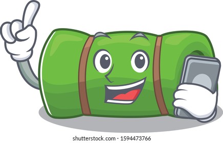 cartoon character of camping mat Scroll speaking with phone