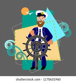 Cartoon character - the captain of a long voyage behind the wheel. Vector illustration