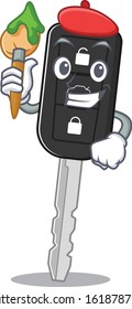 Cartoon character of car key Artist with a brush