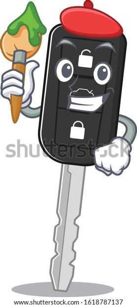 Cartoon\
character of car key Artist with a\
brush