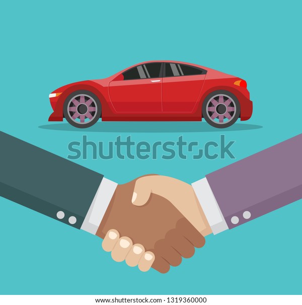 Cartoon character, Car salesman handshake and new\
car., vector eps10
