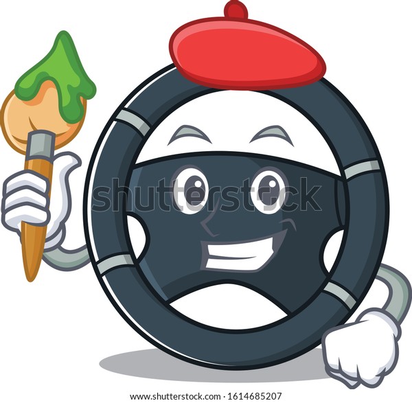 Cartoon\
character of car steering Artist with a\
brush