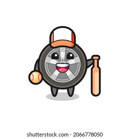 Cartoon character of car wheel as a baseball player , cute style design for t shirt, sticker, logo element