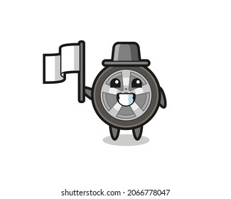 Cartoon character of car wheel holding a flag , cute style design for t shirt, sticker, logo element