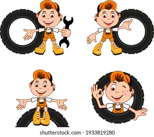 Cartoon character of a car workshop worker. A set of character poses. Vector illustration for use in auto shop design projects.