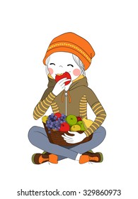Cartoon character for card / notebook / phone / diary / school accessory / T-shirt design, children's book illustration. One of a set: happy cute girl - whole year. Autumn. Girl eating apples.
