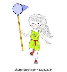 Cartoon character for card / notebook / phone / diary / school accessory / T-shirt design, children's book illustration. One of a set: happy cute girl - whole year. Summer. Girl catching butterfly.
