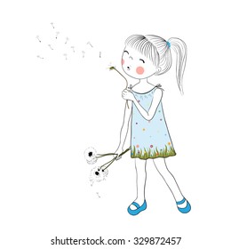 Cartoon character for card / notebook / phone / diary / school accessory / T-shirt design, children's book illustration. One of a set: happy cute girl - whole year. Summer. Girl blowing a dandelion.
