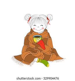 Cartoon character for card / notebook / phone / diary / school accessory / T-shirt design, children's book. One of a set: happy cute girl. Winter. Girl warming up with blanket and hot drink.

