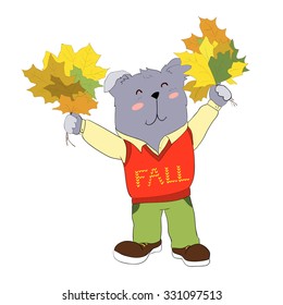 Cartoon character for card / notebook / phone / diary / school accessory / T-shirt design, children's book illustration. One of a set: cute pet - whole year. Autumn. Dog holding bunch of leaves.
