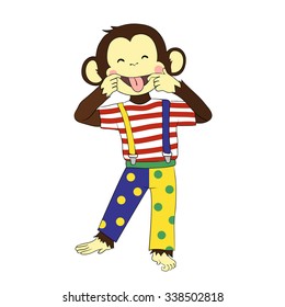 Cartoon character for card / notebook / phone / diary / school accessory / T-shirt design, children's book illustration. One of a set: cute monkey - holidays the whole year. Fool's day. Monkey clown.
