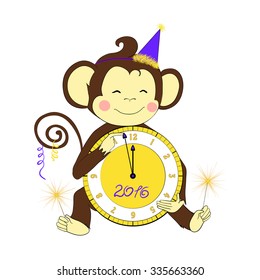 Cartoon character for card/ school accessory / T-shirt design, children's book illustration. One of a set: cute monkey - holidays the whole year. New Year. Little monkey holding clock and sparklers.