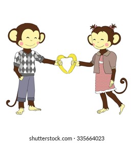 Cartoon character for card /school accessory/ T-shirt design, children's book illustration. One of a set: cute monkey - holidays the whole year. Valentine's day. Pair of boy and girl monkeys in love.
