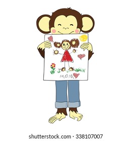 Cartoon character for card / school accessory / T-shirt design, children's book illustration. One of a set: cute monkey - holidays the whole year. Mother's day. Monkey holds drawing of his mother.