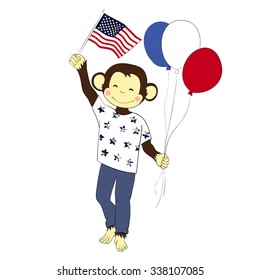 Cartoon character for card / school accessory / T-shirt design, book illustration. One of a set: cute monkey - holidays the whole year. USA Independence day. Monkey with balloons and american flag.