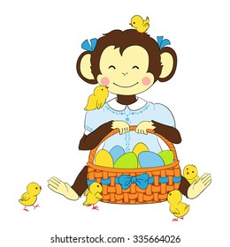 Cartoon character for card / T-shirt design, children's book illustration. One of a set: cute monkey - holidays the whole year. Easter. Monkey girl holding basket with eggs and chickens around.
