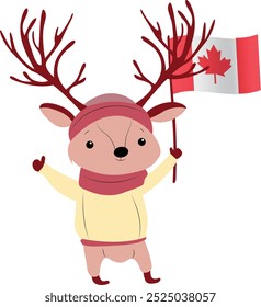 Personagem de desenho animado de uma rena vestindo roupas inuítes, com a bandeira do Canadá