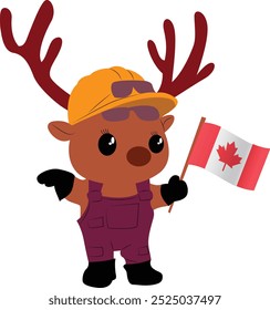 A cartoon character of a caribou wearing an oil drillers outfit, holding the Canada flag