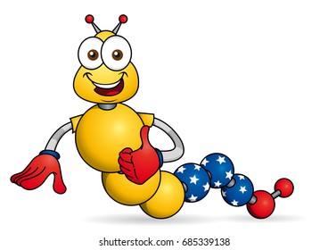 Cartoon character. Caricature of worm with hands formed by spheres with the colors of the flag of Venezuela. Vector image