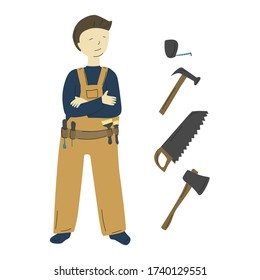cartoon character Carpenter with instruments flat simple cartoon illustration