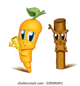 Cartoon Character Carrot and Stick Metaphor Motivation Winner Looser Competition