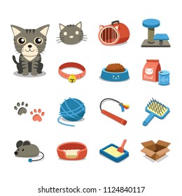 Cartoon Character Cat And Accessories Set For Design.