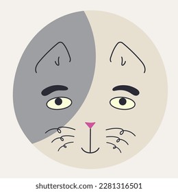 Cartoon character, cat clip art. Vector sticker, abstract cat portrait with black eyes. Funny mascot, facial expression, cute icon. Isolated on white
