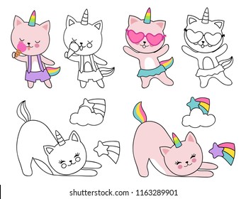 Cartoon character cats unicorn vector illustration. Coloring with outline and colorful kittens isolated on white