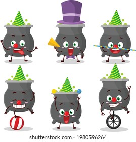 Cartoon character of cauldron with various circus shows