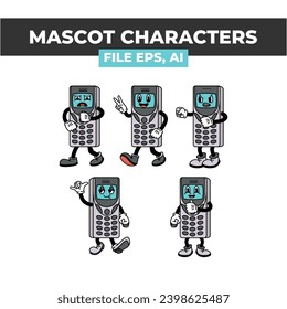 Cartoon character of a cell phone with different expressions suitable for digital communication, technology-related designs, mobile app graphics, and social media content.