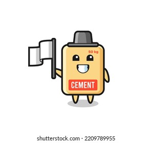Cartoon character of cement sack holding a flag , cute design