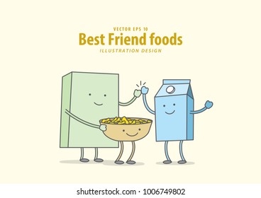 Cartoon character of Cereal or Muesli,  Bowl, Milk (Breakfast) illustration vector on pale yellow background. Best friend foods concept.