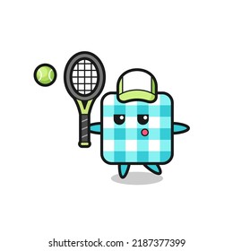 Cartoon character of checkered tablecloth as a tennis player , cute style design for t shirt, sticker, logo element