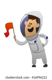 cartoon character cheerful astronaut with a red flag