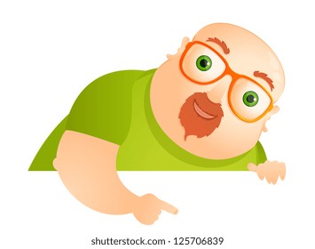 Cartoon Character Cheerful Chubby Man. Look Out. Vector Illustration. EPS 10.