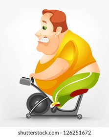 Cartoon Character Cheerful Chubby Man. Gym. Vector Illustration. EPS 10.