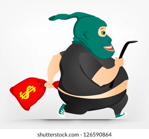 Cartoon Character Cheerful Chubby Man. Thief. Vector Illustration. EPS 10.