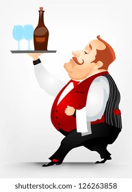 Cartoon Character Cheerful Chubby Men. Waiter. Vector Illustration. EPS 10.