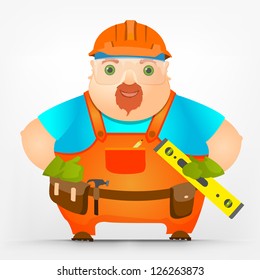 Cartoon Character Cheerful Chubby Men. Contractor. Vector Illustration. EPS 10.